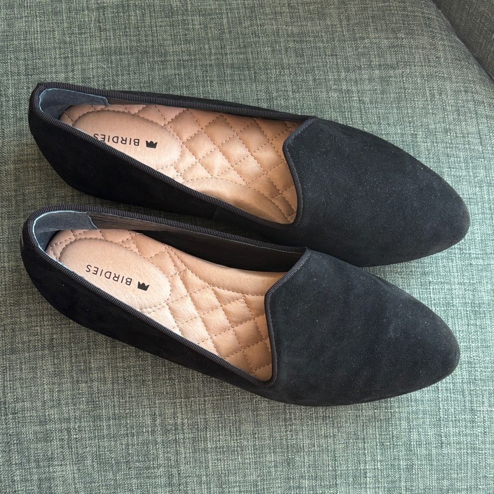 Birdies Heron Flat Women's US 5.5 Black Suede Almond Toe Comfort Slip-On Loafers
